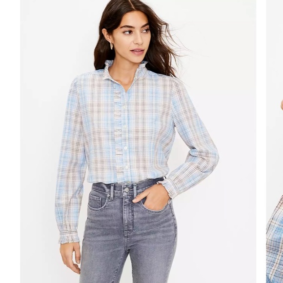 LOFT NWT Women's Plaid Ruffle Long Sleeve Button Down Shirt - Picture 1 of 5
